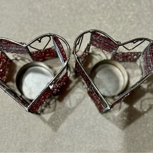 2 Heart-Shaped Red Metal Candle Holders Beaded